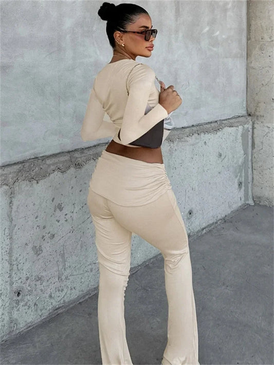 Solid Pleated Crop Top Flare Pants Leisure Suit Women Long Sleeved Tight Trousers