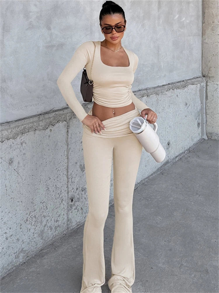 Solid Pleated Crop Top Flare Pants Leisure Suit Women Long Sleeved Tight Trousers