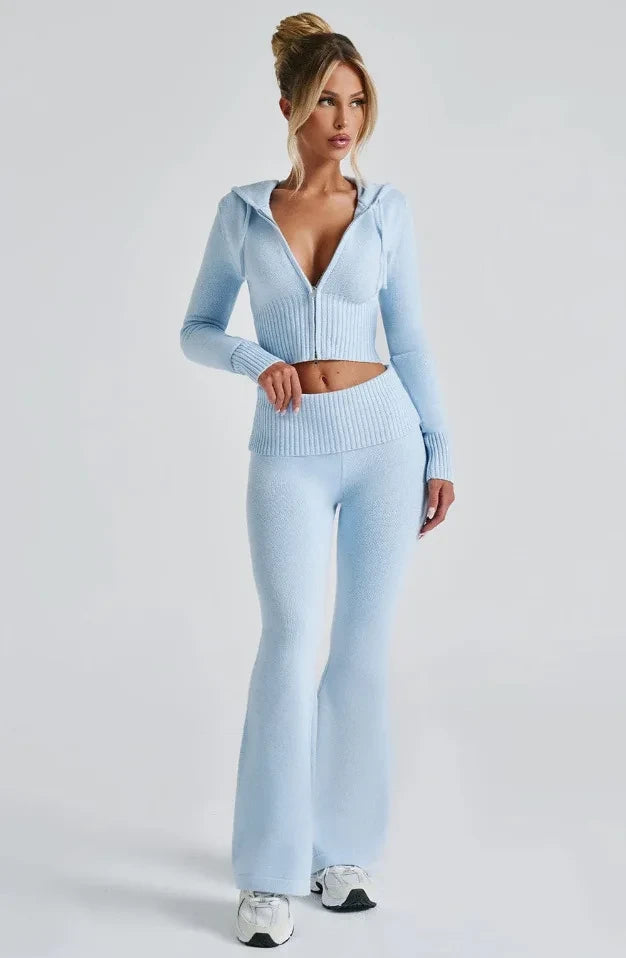 Knitted Women's Set, Slim Fit Hooded Short Jacket and Casual Pants, Fashionable Two-piece Set for Women