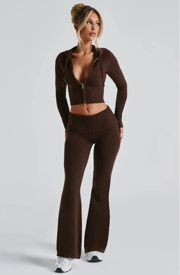 Knitted Women's Set, Slim Fit Hooded Short Jacket and Casual Pants, Fashionable Two-piece Set for Women