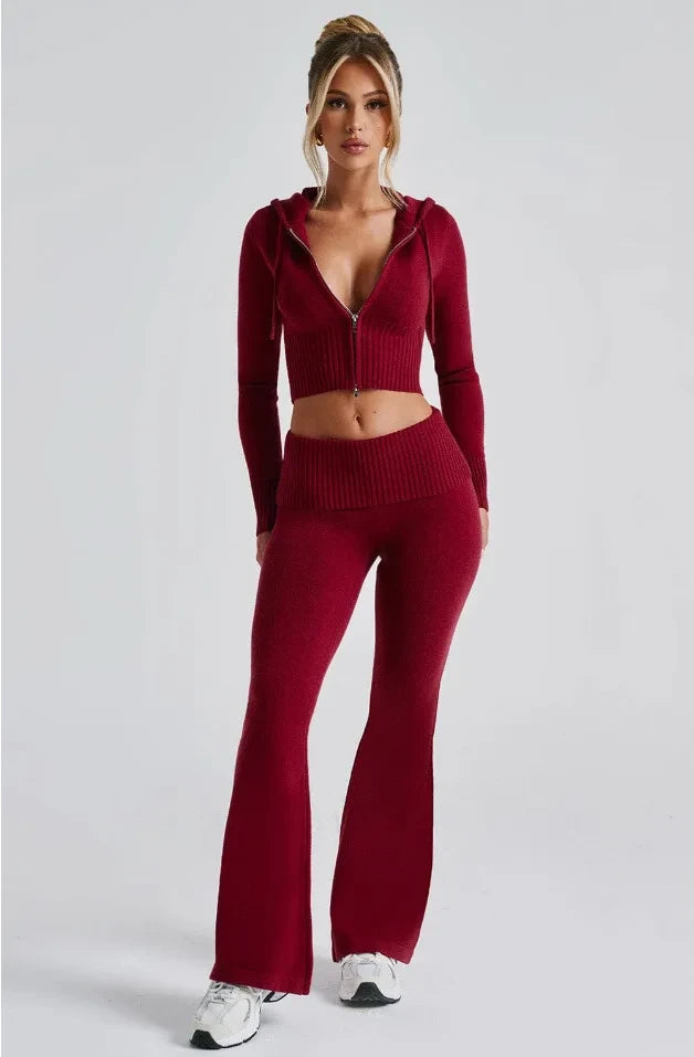 Knitted Women's Set, Slim Fit Hooded Short Jacket and Casual Pants, Fashionable Two-piece Set for Women