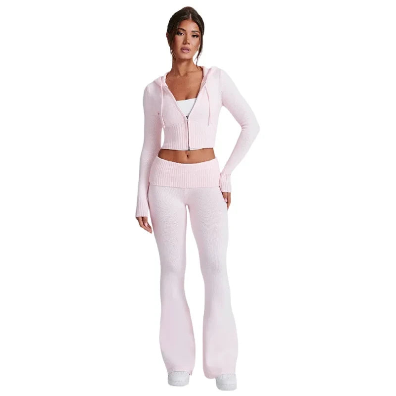 Knitted Women's Set, Slim Fit Hooded Short Jacket and Casual Pants, Fashionable Two-piece Set for Women