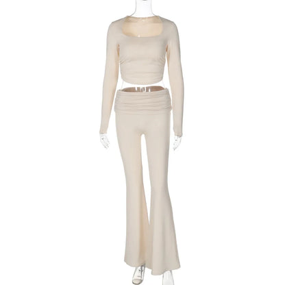 Solid Pleated Crop Top Flare Pants Leisure Suit Women Long Sleeved Tight Trousers