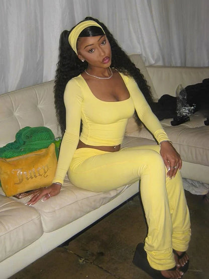 Solid Pleated Crop Top Flare Pants Leisure Suit Women Long Sleeved Tight Trousers