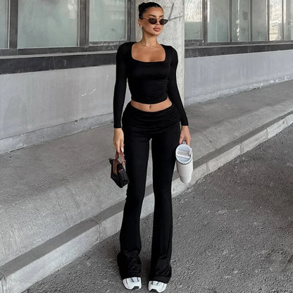 Solid Pleated Crop Top Flare Pants Leisure Suit Women Long Sleeved Tight Trousers