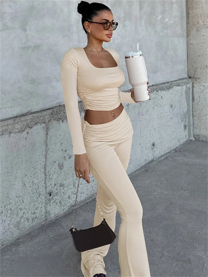 Solid Pleated Crop Top Flare Pants Leisure Suit Women Long Sleeved Tight Trousers