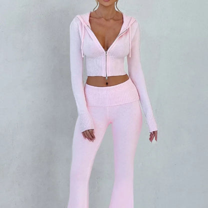 Knitted Women's Set, Slim Fit Hooded Short Jacket and Casual Pants, Fashionable Two-piece Set for Women