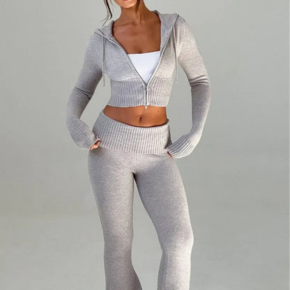 Knitted Women's Set, Slim Fit Hooded Short Jacket and Casual Pants, Fashionable Two-piece Set for Women