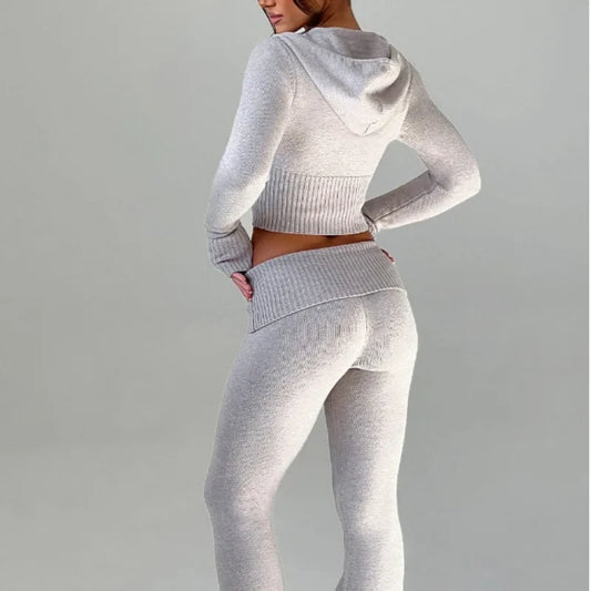 Knitted Women's Set, Slim Fit Hooded Short Jacket and Casual Pants, Fashionable Two-piece Set for Women
